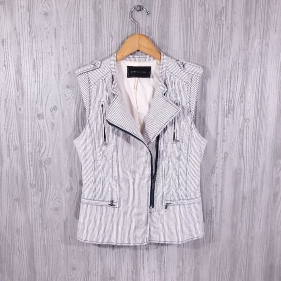 BCBGMaxAzria Vest Canvas Moto Zip Jacket Stripe Cream Navy Y2K Vintage Retro - Picture 2 of 6